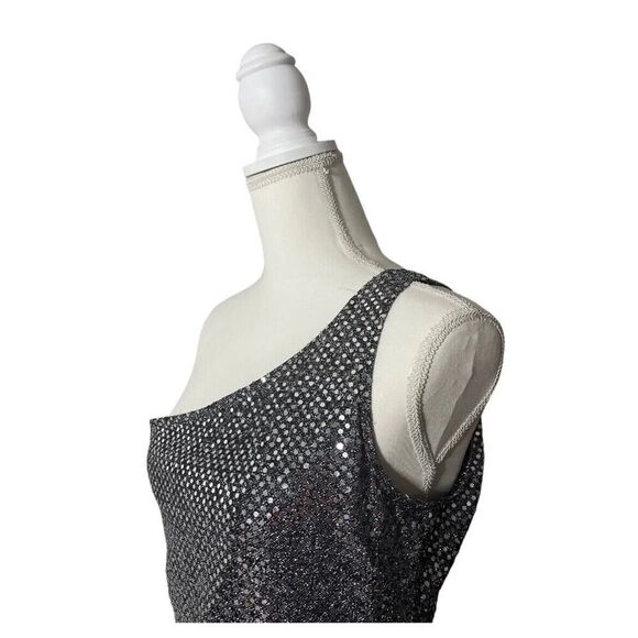 Vintage 90s American Cruiser Silver & Black Sequin Metallic One Shoulder Top M/L - Picture 2 of 6